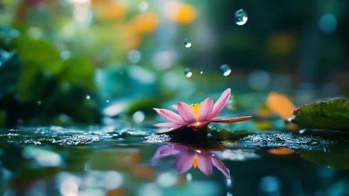 Macro waterlily under shallow depth-of-field rainfall study.
