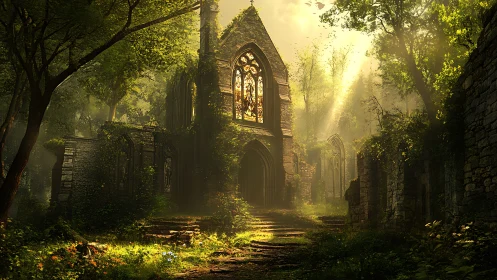 Sunlit ruined chapel stands within dense overgrown forest.