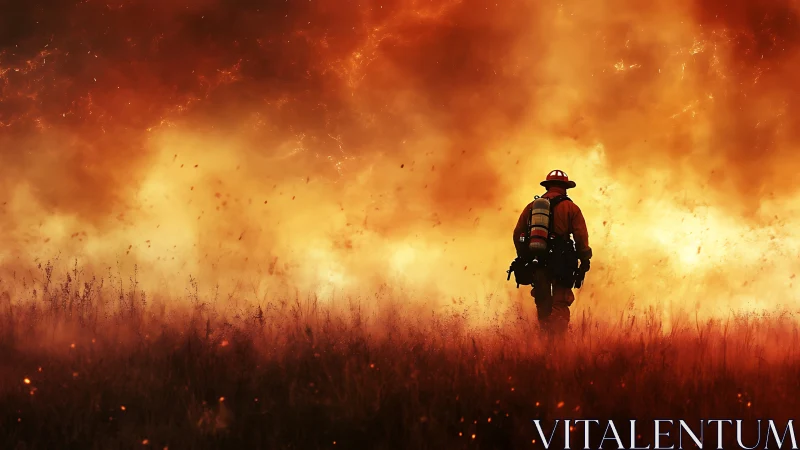 Firefighter silhouette stands in intensive wildfire zone with active flames