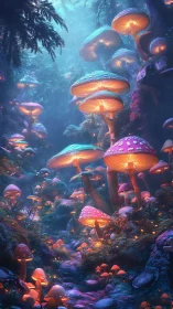 Bioluminescent mushroom forest glows with ethereal neon light.