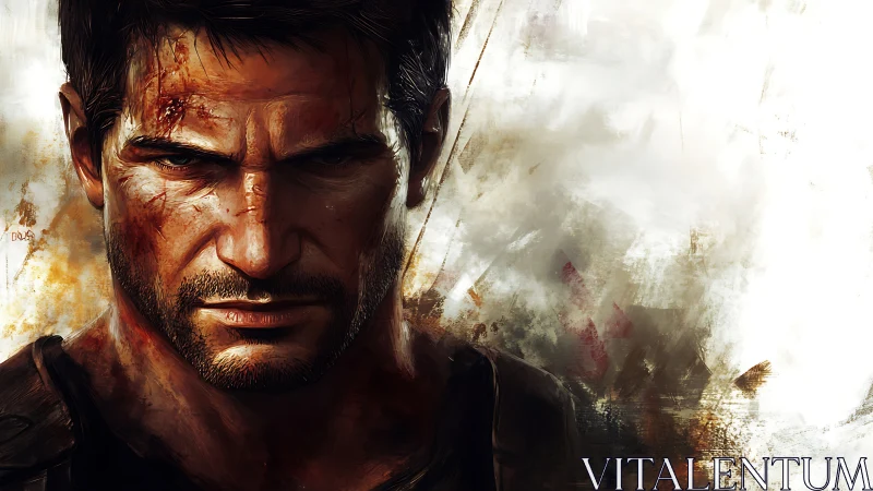 Battle-worn man in intense close-up digital portrait.