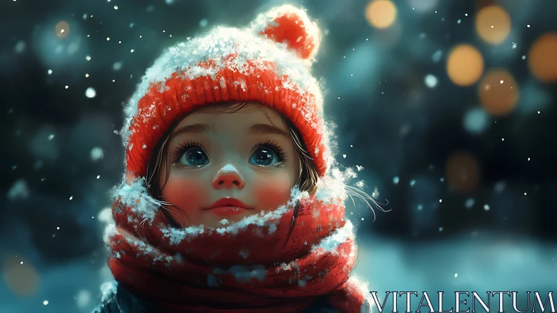 Winter portrait of child in red knit hat amid falling snow.
