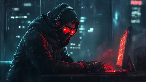 Cyberpunk hooded hacker under neon rain at laptop.