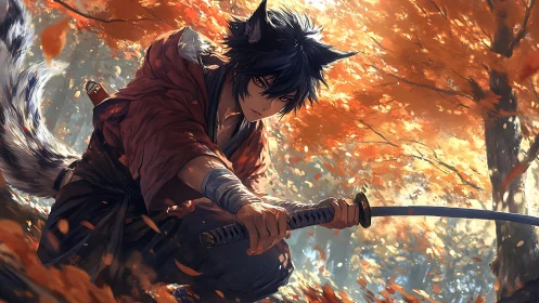 Fox-eared warrior with katana in dense autumn forest scene.