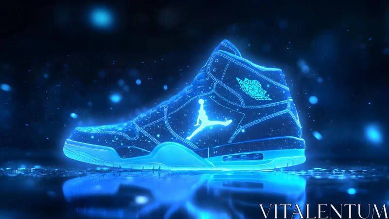 Futuristic glowing sneaker in neon blue, digital art style.