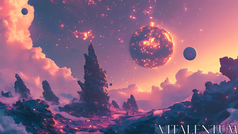 Molten planet hovers above jagged alien landscape at dusk