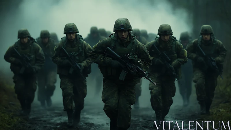 Photorealistic military squad advancing through foggy forest trail.