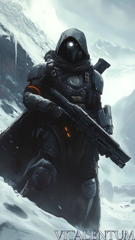Armored hooded soldier advances through harsh snowy canyon