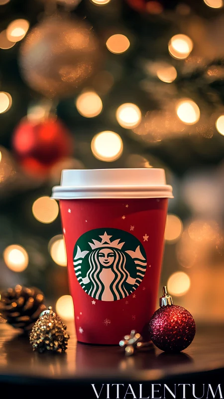 Holiday coffee cup on table before blurred tree lights.