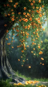 Ancient Tree with Cascading Orange Flowers.