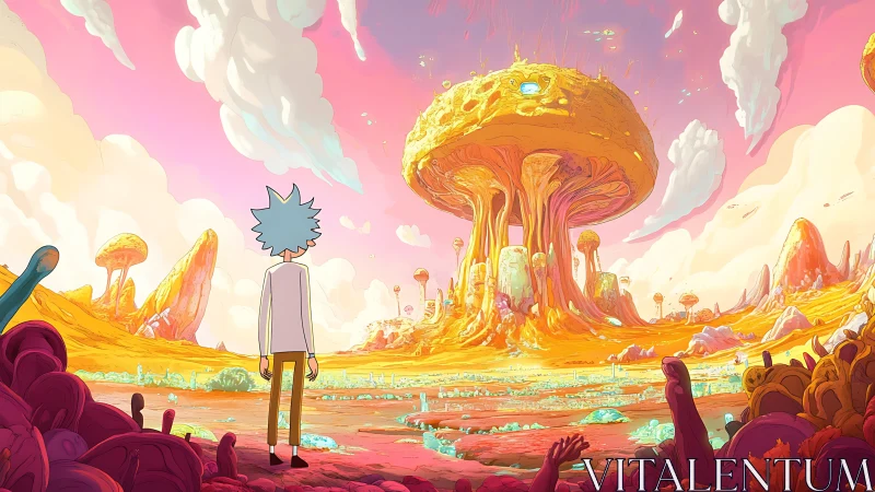 Lone traveler surveys glowing alien mushroom metropolis.