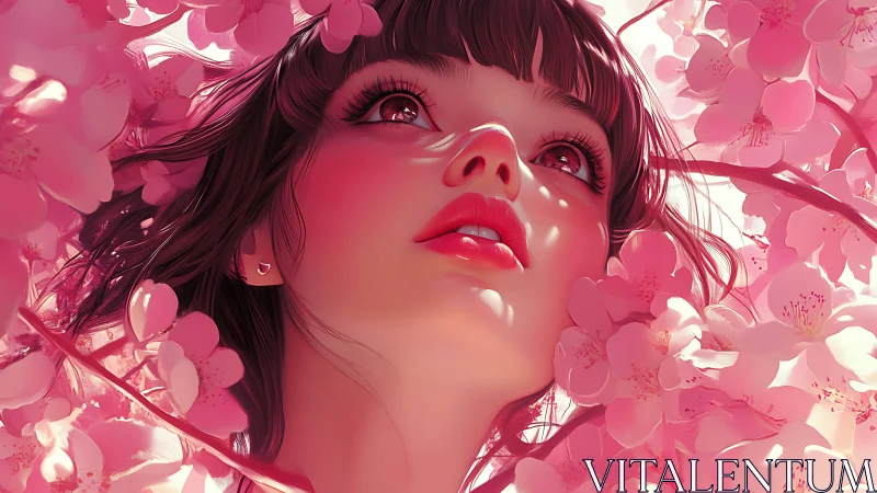 Cherry blossom-lit girl gazes upward in radiant wonder.