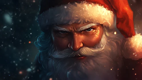Intense Santa portrait in dramatic holiday lighting close-up.
