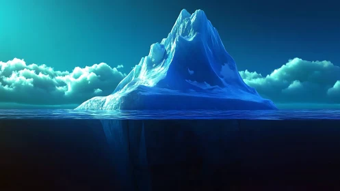 Massive iceberg above and below waterline in blue light.