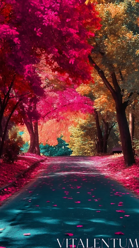 Vivid forest road under pink and orange foliage canopy.