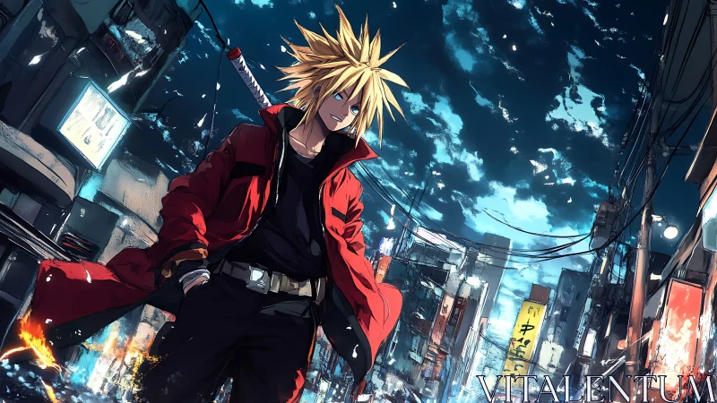 Spiky‑haired swordsman dominates neon alley under fractured night sky
