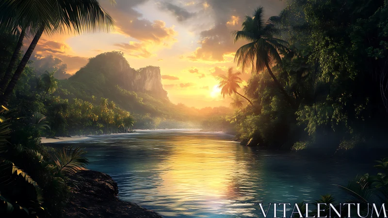 Sunlit tropical river meanders through lush jungle valley.