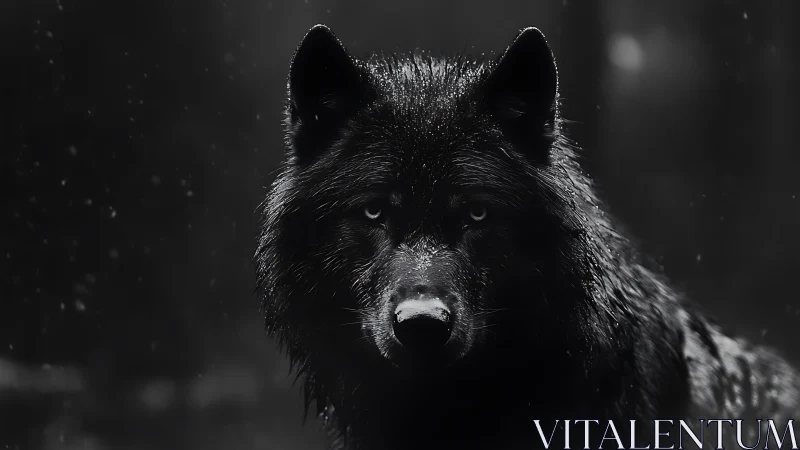 Black wolf portrait in rain with dark forest background.