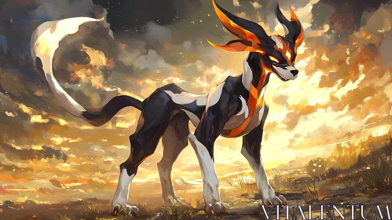 Elemental hound spirit under blazing golden sky at dusk.