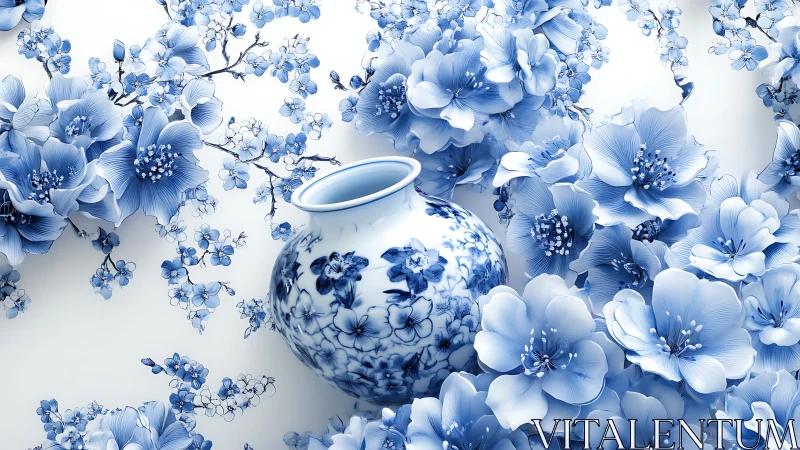 Decorative porcelain vessel surrounded by arranged blue floral elements.