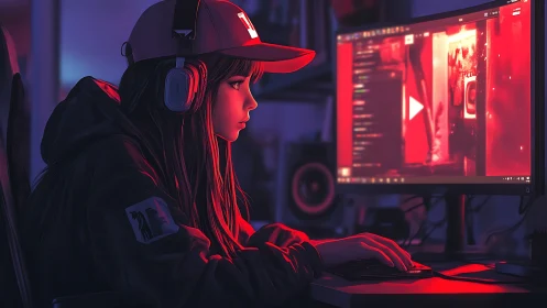 Focused gamer streams content under neon red glow.