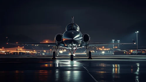Sleek private jet waits on a rain-slicked runway at night.
