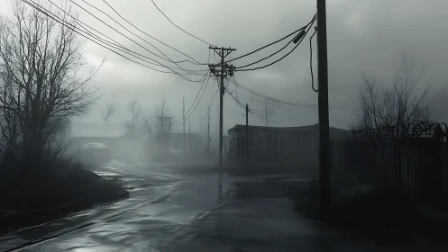 Foggy urban intersection with power lines and wet roadway.