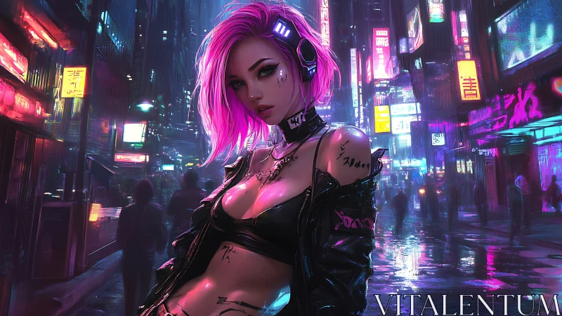 Neon punk heroine owns the rainy cyberpunk city night