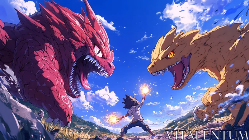 Human summoner confronting two elemental dragon beasts.