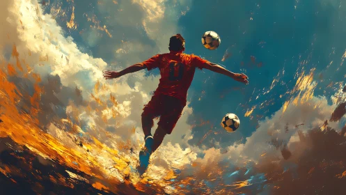Soccer player suspended amid swirling sky and footballs.