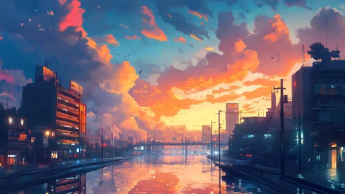 Sunset-lit canal cityscape uses saturated gradients and symmetry