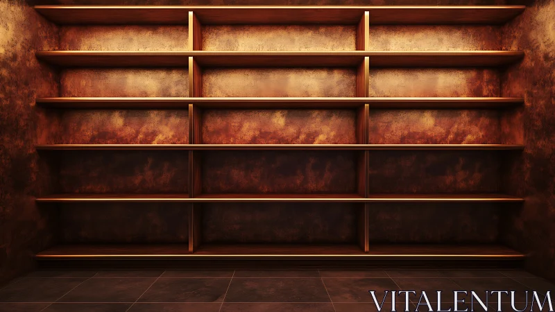 Symmetrical wooden shelving grid in warm tonal illumination.