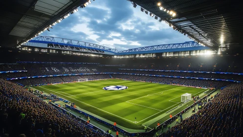 Evening football match in packed modern stadium under lights.