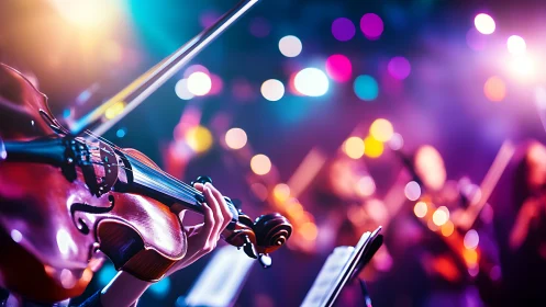 Violin close-up under concert bokeh lighting, orchestral focus.