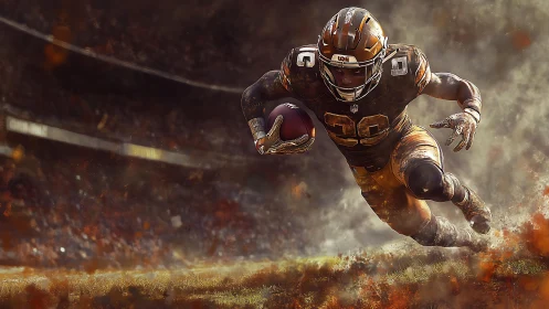 Kinetically charged football runner in particulate stadium storm.