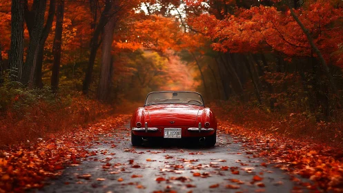 Crimson roadster gliding through a fiery tunnel of autumn leaves.