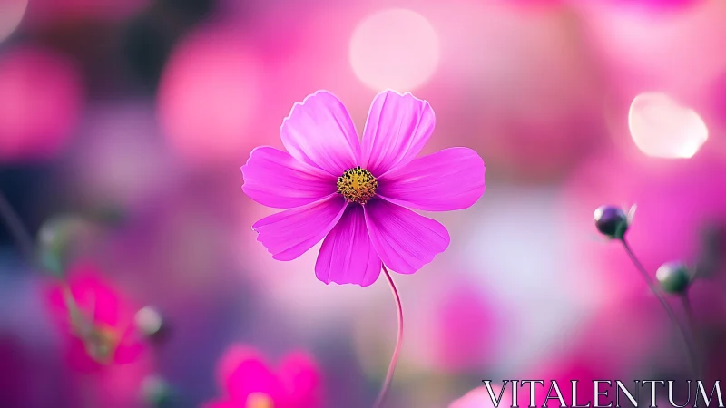 Magenta cosmos flower in soft bokeh garden setting.