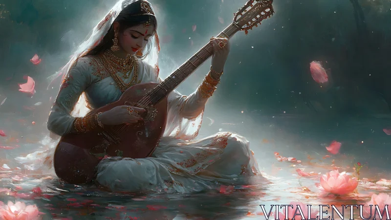 Lotus pond quietly listens as the veena weaves moonlit hymns
