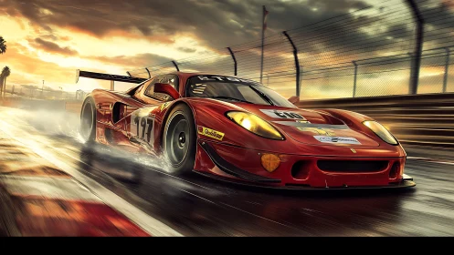 Red GT race car on wet circuit at dusk under clouds.