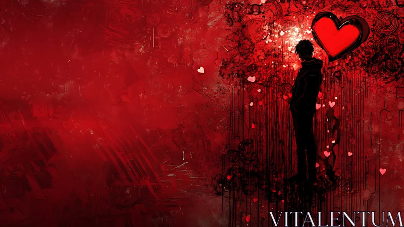 Silhouetted figure gazes at luminous heart symbol amid red abstract texture