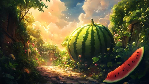 Giant watermelon along sunlit garden path at sunset.