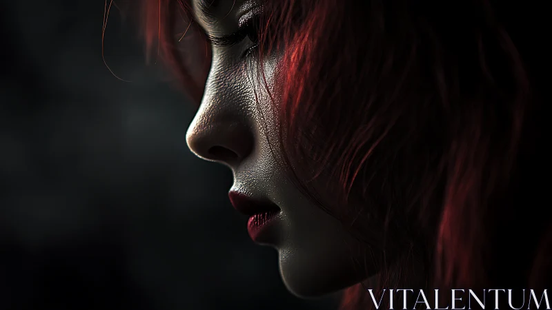 Shadow-kissed profile of a red-haired woman in quiet firelight.