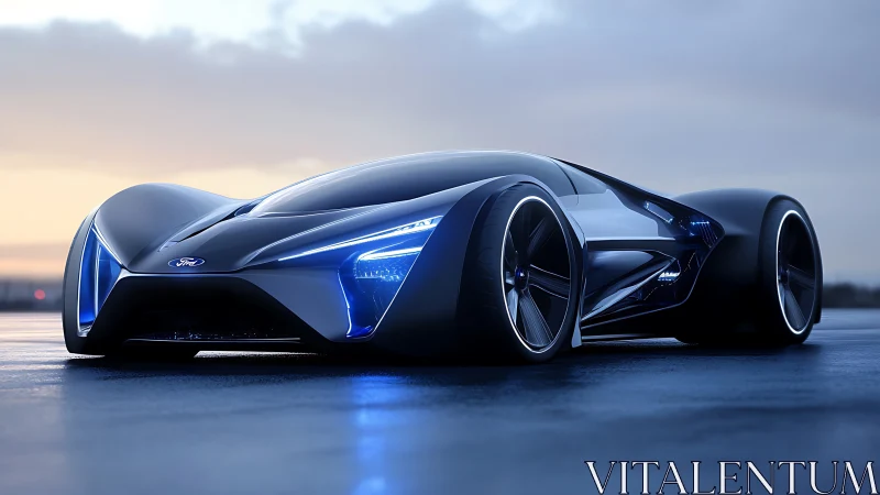 Sleek midnight-blue concept car glowing on a wet runway.