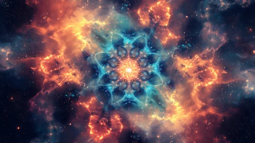 Stellar nebula mandala glows in blue and orange symmetry.