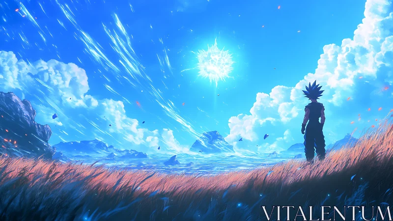 Silhouetted figure observing luminous energy over coast.