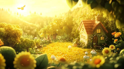 Sunlit cottage nestles in a golden meadow of gentle dreams