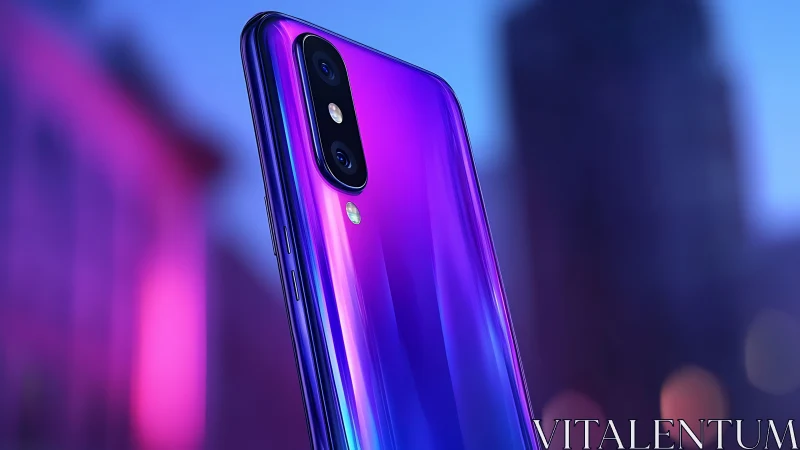 Gradient glass smartphone with dual camera in city light.