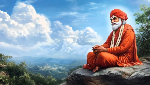 Elderly figure in orange robes sits cross-legged on rock ledge