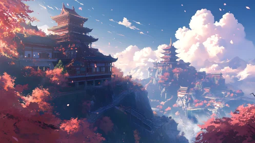 Crimson temples drift above misty cliffs in soft sunrise