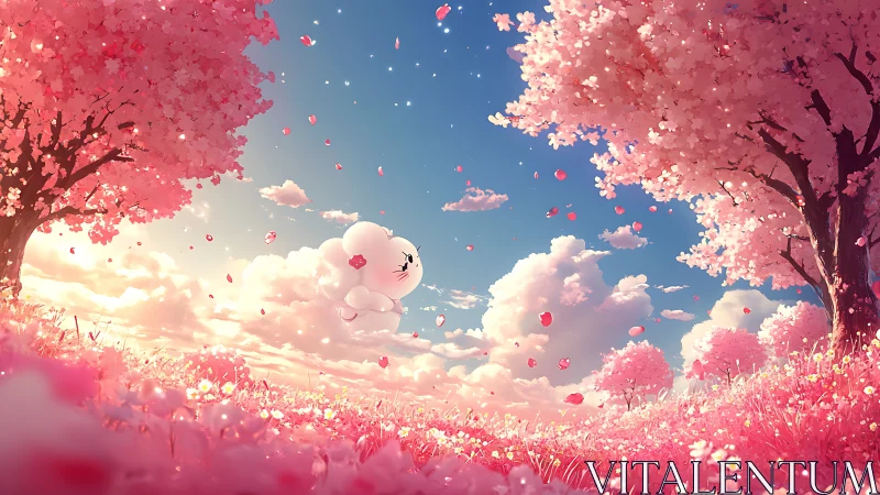 Cloud bunny drifts through candy-pink blossom twilight dream.